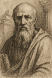 Zaleuco di Locri, l’austero legislatore della Magna Grecia, ritratto in un disegno a carboncino che ne esalta la lunga barba fluente e lo sguardo severo, segnato dalla perdita dell’occhio destro: monito visibile del sacrificio imposto dalle sue stesse leggi.